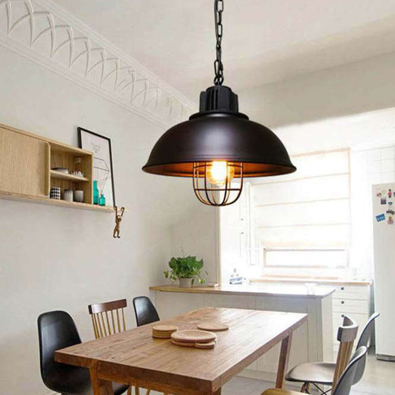 Iron Industrial 1-Head Pendant Light With Cage For Dining Room Bowl Suspension - Black/White