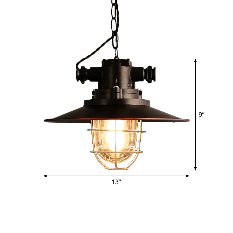 Black Metal Pendant Light with Wire Cage and Glass Shade – 1-Light Hanging Lamp Kit