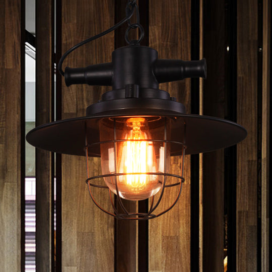 Black Iron Pendant Light With Clear Glass Shade And Cage Industrial Single-Bulb Saucer Design