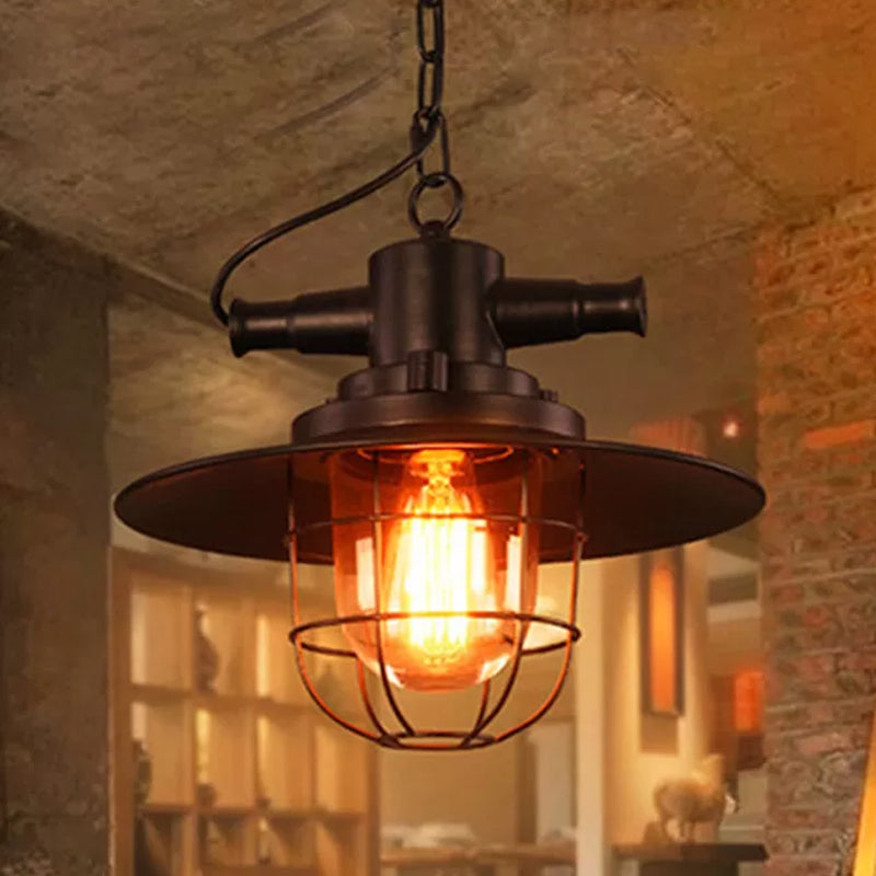 Black Iron Pendant Light With Clear Glass Shade And Cage Industrial Single-Bulb Saucer Design