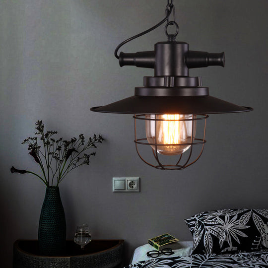 Black Iron Pendant Light With Clear Glass Shade And Cage Industrial Single-Bulb Saucer Design