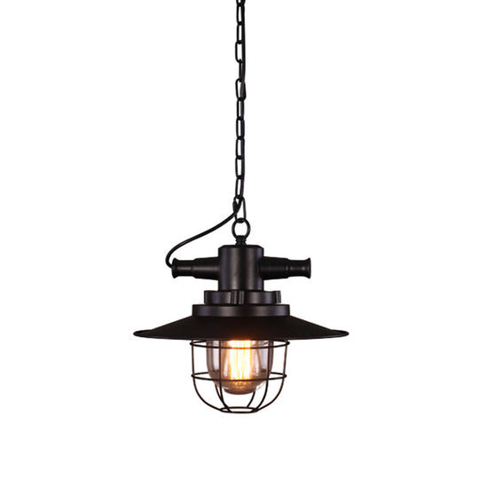 Black Iron Pendant Light With Clear Glass Shade And Cage Industrial Single-Bulb Saucer Design