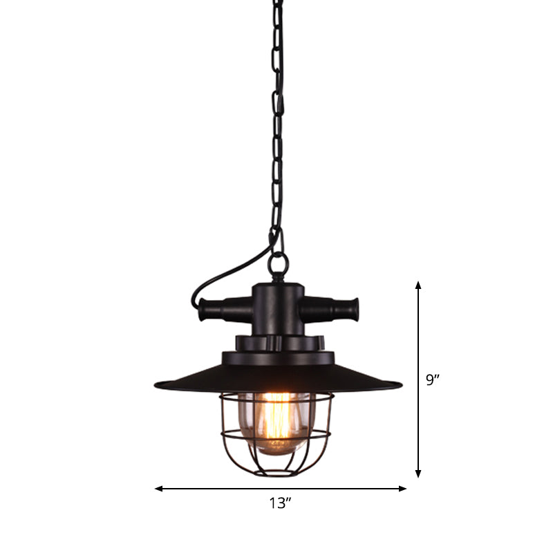 Black Iron Pendant Light With Clear Glass Shade And Cage Industrial Single-Bulb Saucer Design