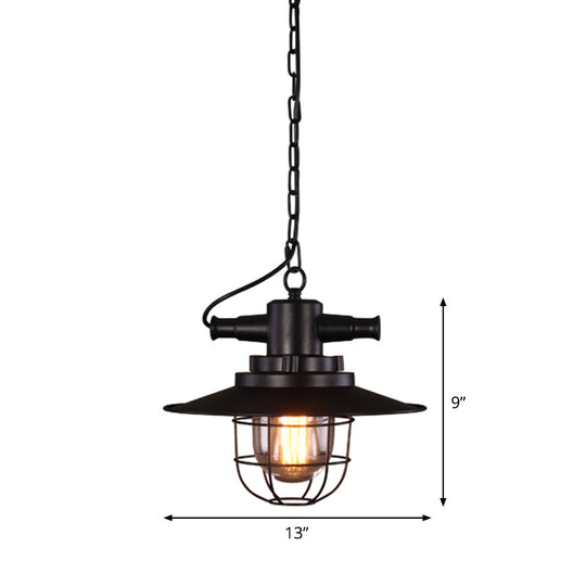 Black Iron Pendant Light With Clear Glass Shade And Cage Industrial Single-Bulb Saucer Design