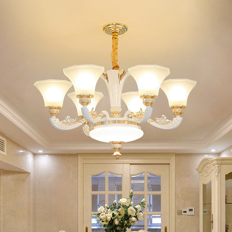 Morning Glory Chandelier - Classic 6/8/12 Light Opal Frosted Glass Pendant Lamp In White