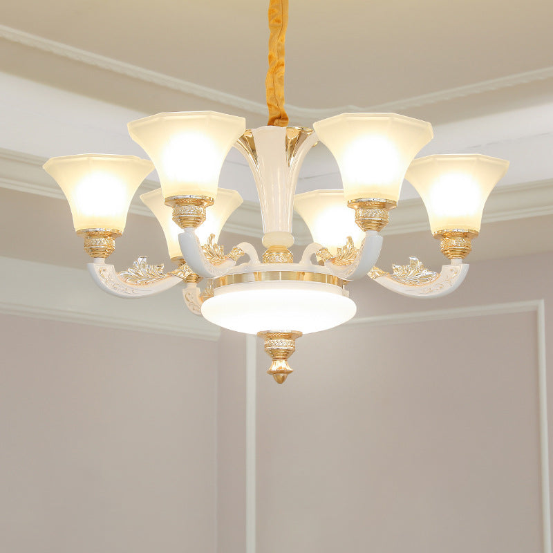 Morning Glory Chandelier - Classic 6/8/12 Light Opal Frosted Glass Pendant Lamp In White