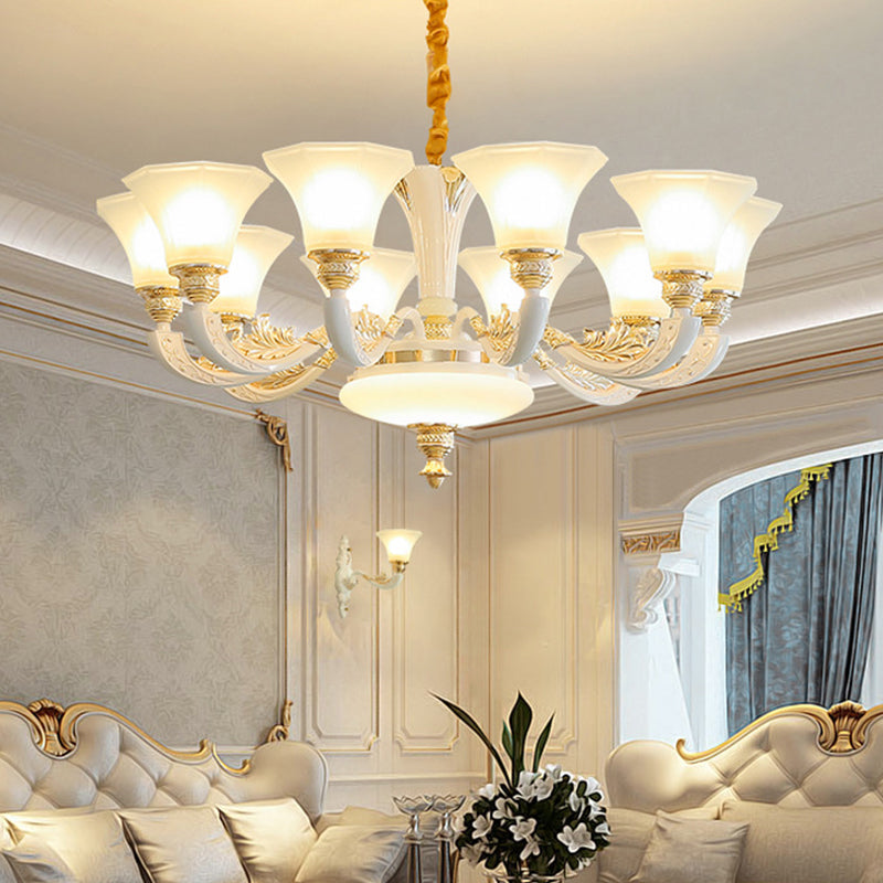 Morning Glory Chandelier - Classic 6/8/12 Light Opal Frosted Glass Pendant Lamp In White