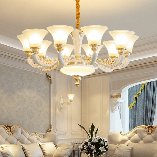 Morning Glory Chandelier - Classic 6/8/12 Light Opal Frosted Glass Pendant Lamp In White