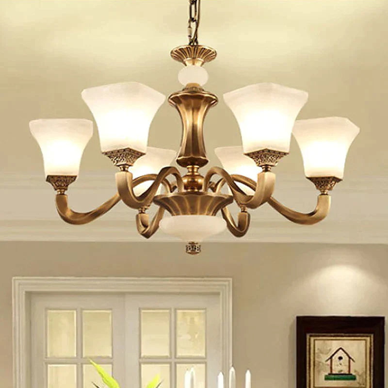 Classic Brass 3/6-Head Bedroom Pendant Light With White Glass Pagoda Design