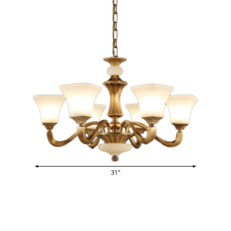 Classic Brass 3/6-Head Bedroom Pendant Light With White Glass Pagoda Design