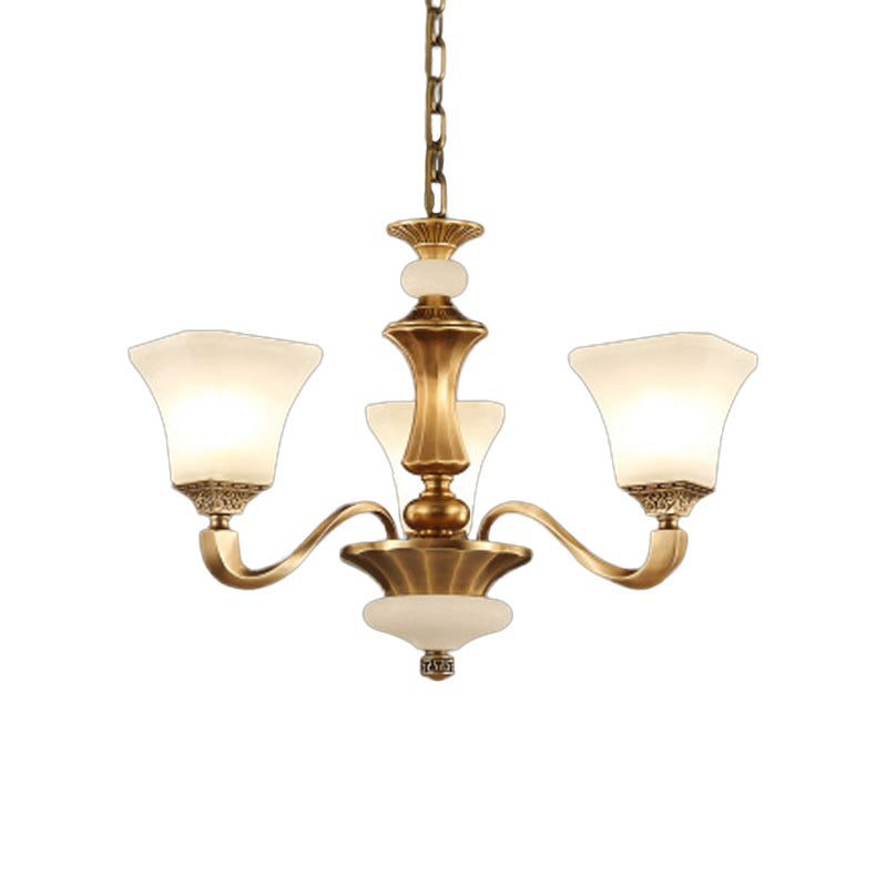 Classic Brass 3/6-Head Bedroom Pendant Light With White Glass Pagoda Design