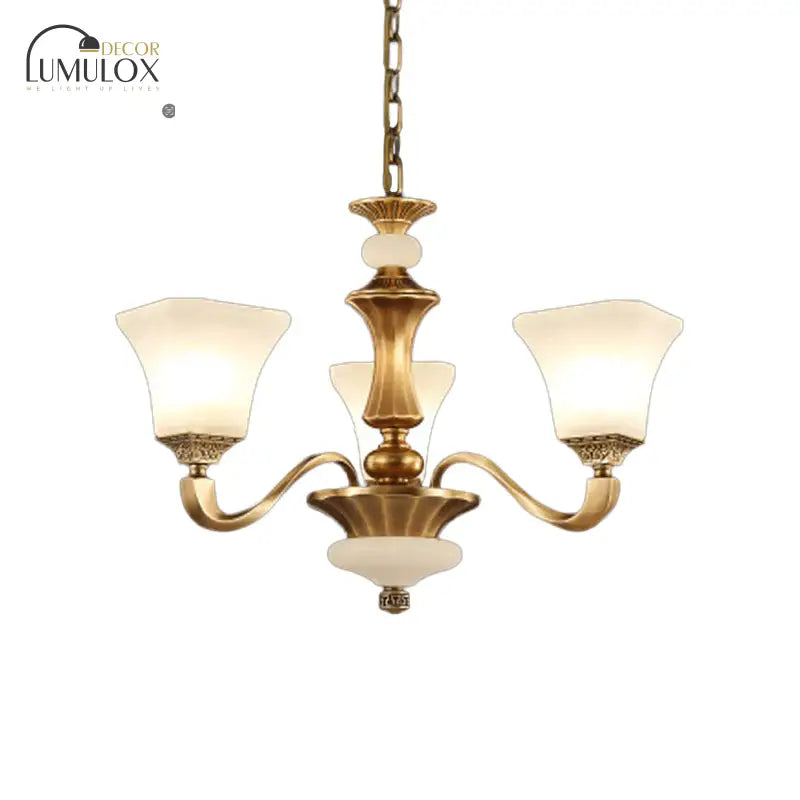 White Glass Pagoda Up Chandelier Traditional 3/6-Head Bedroom Hanging Pendant Light in Brass