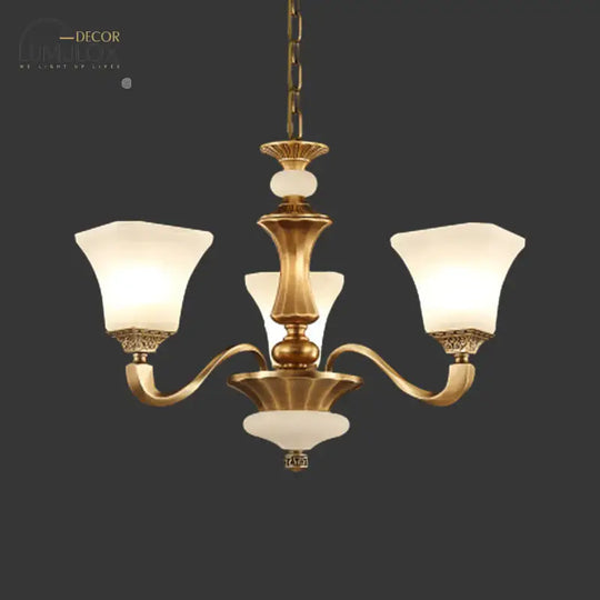 White Glass Pagoda Up Chandelier Traditional 3/6-Head Bedroom Hanging Pendant Light in Brass