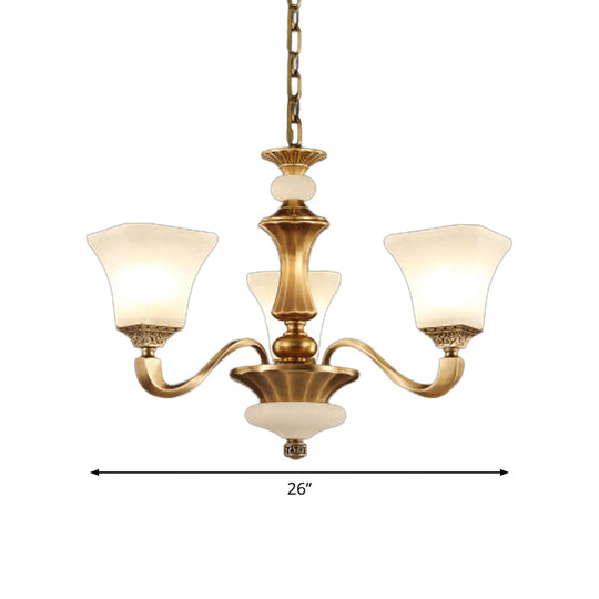 Classic Brass 3/6-Head Bedroom Pendant Light With White Glass Pagoda Design