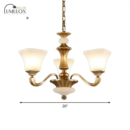 White Glass Pagoda Up Chandelier Traditional 3/6-Head Bedroom Hanging Pendant Light in Brass