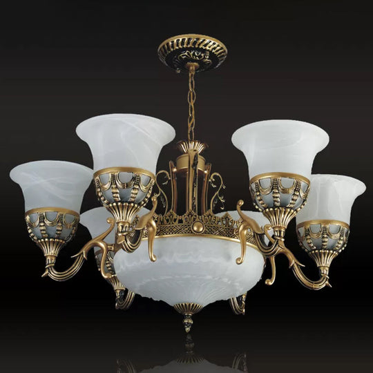 Traditional 9-Head Alabaster Glass Chandelier With Flared Shade - Bronze Finish