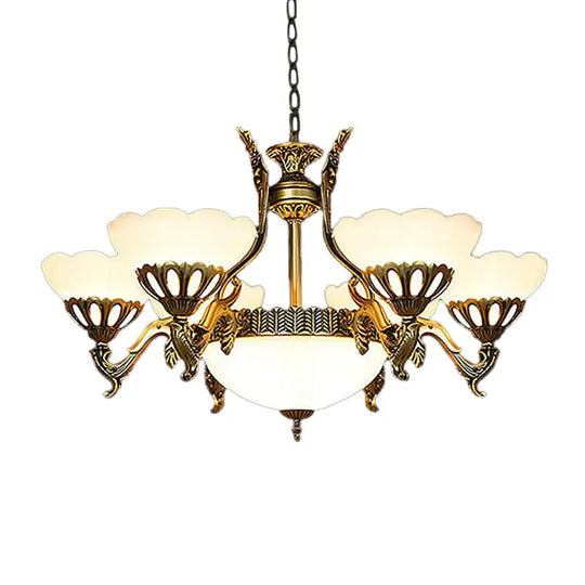 Scalloped Living Room Ceiling Pendant Traditional White Glass 9-Head Brass Finish Chandelier