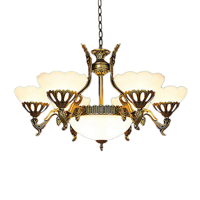 Classic Scalloped Glass Pendant Chandelier 9-Head Brass Finish For Living Room Ceiling