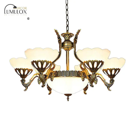 Scalloped Living Room Ceiling Pendant Traditional White Glass 9-Head Brass Finish Chandelier