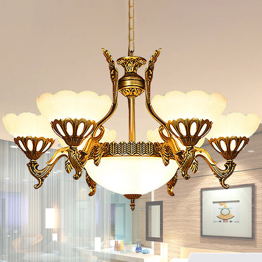 Classic Scalloped Glass Pendant Chandelier 9-Head Brass Finish For Living Room Ceiling