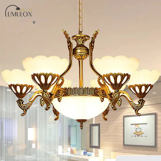 Scalloped Living Room Ceiling Pendant Traditional White Glass 9-Head Brass Finish Chandelier