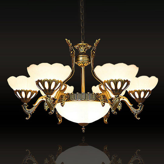 Classic Scalloped Glass Pendant Chandelier 9-Head Brass Finish For Living Room Ceiling