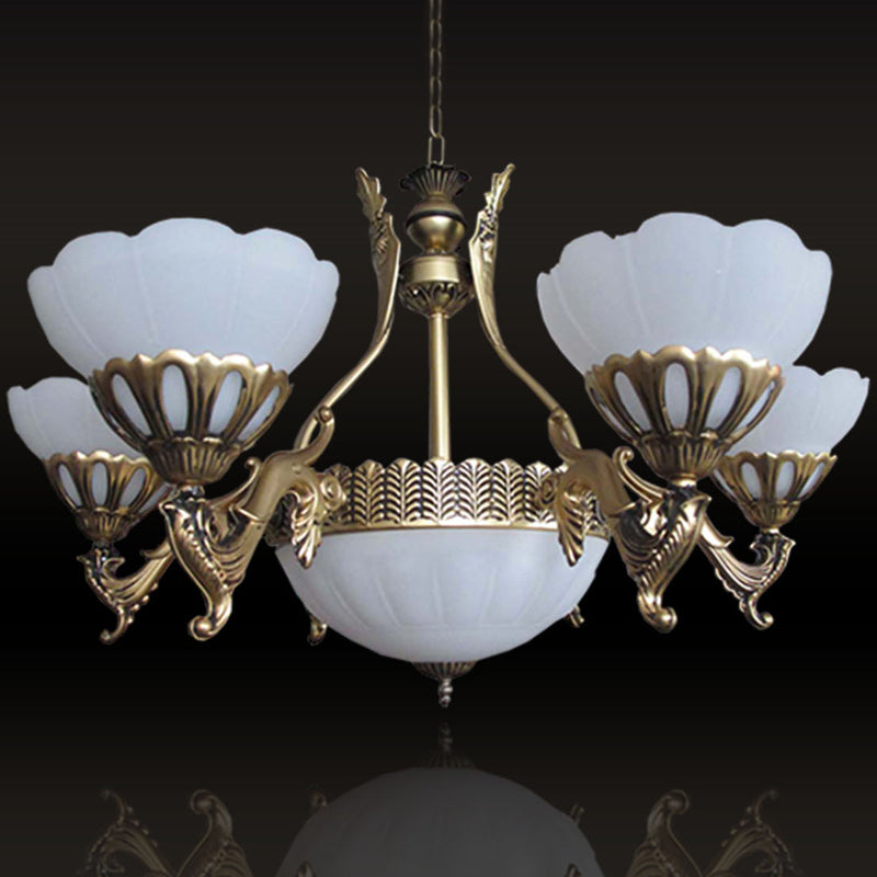 Classic Scalloped Glass Pendant Chandelier 9-Head Brass Finish For Living Room Ceiling