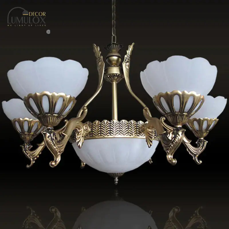 Scalloped Living Room Ceiling Pendant Traditional White Glass 9-Head Brass Finish Chandelier