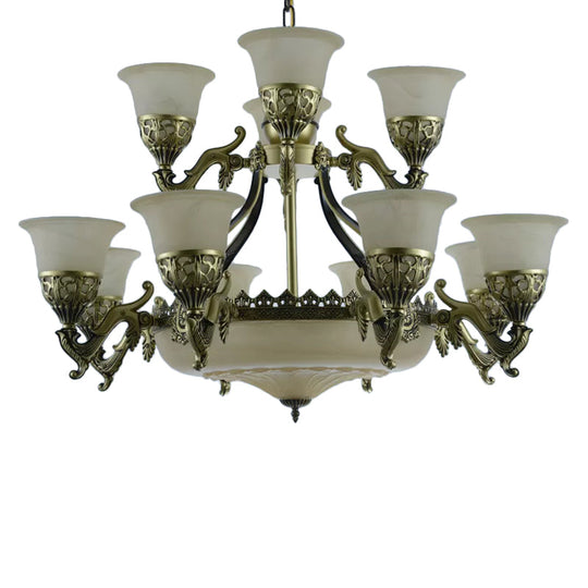 Traditional Opaline Glass Chandelier Light With Bronze Bell Up Design - 15 Bulbs Dining Room Pendant