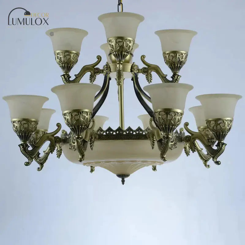 Bronze Bell Up Chandelier Light Traditional Opaline Glass 15 Bulbs Dining Room Pendant Light