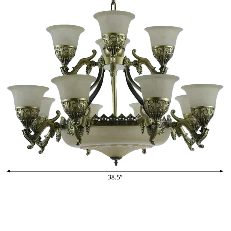 Traditional Opaline Glass Chandelier Light With Bronze Bell Up Design - 15 Bulbs Dining Room Pendant