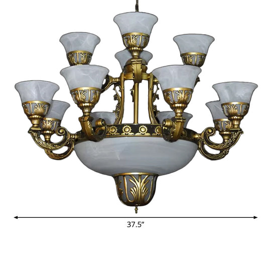 Classic Bell Chandelier: Alabaster Glass 15-Light Ceiling Pendant In Brass