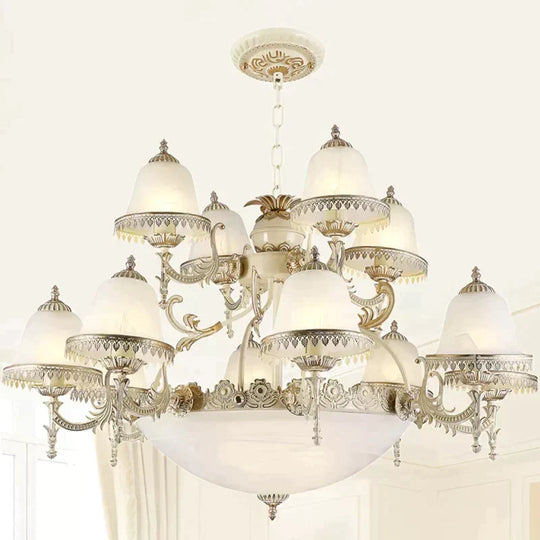 Frosted Glass White Chandelier - Tiered Bell Shaped 15-Light Country Style Hanging Light