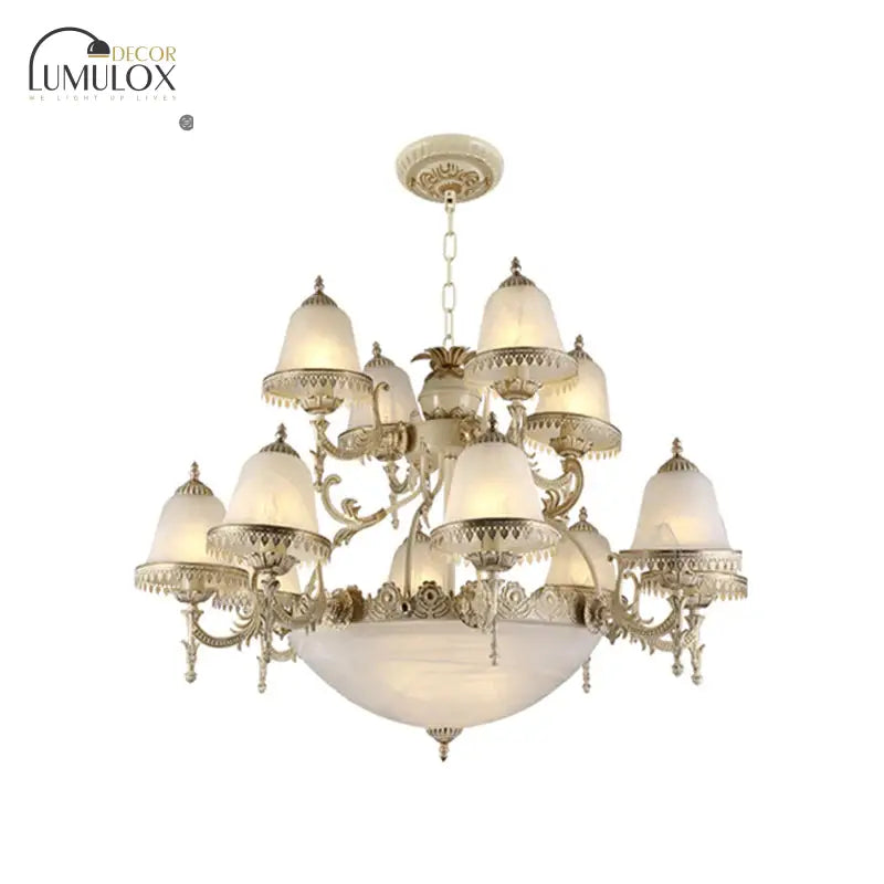 Frosted Glass White Chandelier Tiered Bell Shaped 15-Light Country Style Hanging Light