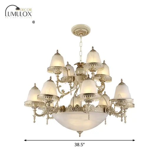 Frosted Glass White Chandelier Tiered Bell Shaped 15-Light Country Style Hanging Light