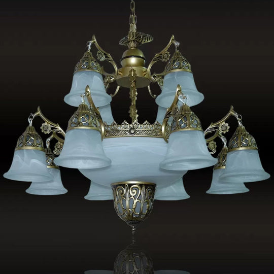 2-Tier Bell Yellow Glass Chandelier - 15 Head Dining Room Pendant In Brass