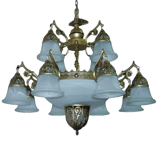 2-Tier Bell Yellow Glass Chandelier - 15 Head Dining Room Pendant In Brass