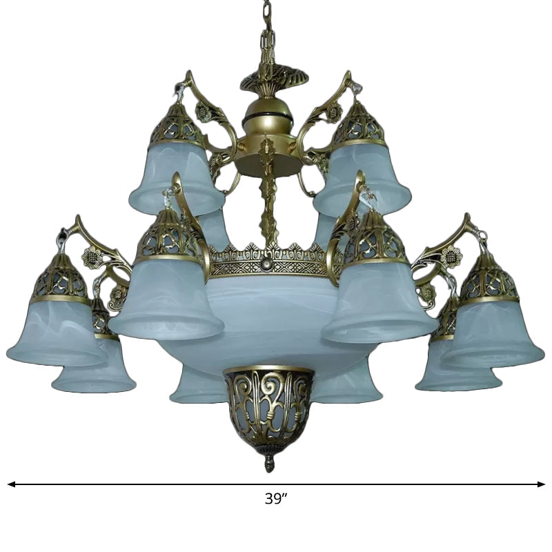 2-Tier Bell Yellow Glass Chandelier - 15 Head Dining Room Pendant In Brass