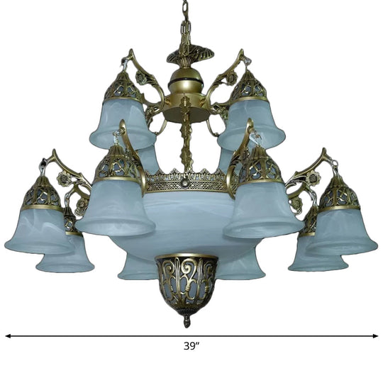 2-Tier Bell Yellow Glass Chandelier - 15 Head Dining Room Pendant In Brass