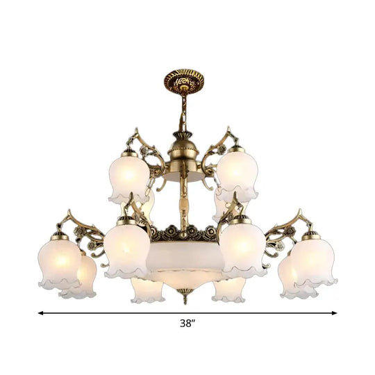 Bronze 15 Lights Chandelier Rural Opal Glass Tiered Flowerbud Shaped Drop Lamp for Restaurant