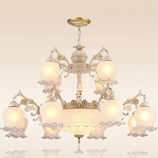 15-Head White Milk Glass Chandelier: Traditional 2-Tier Bud Pendant Light