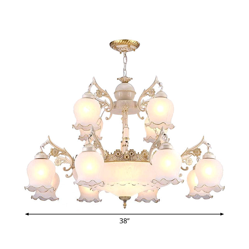 15-Head White Milk Glass Chandelier: Traditional 2-Tier Bud Pendant Light