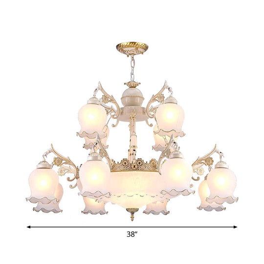 15-Head White Milk Glass Chandelier: Traditional 2-Tier Bud Pendant Light