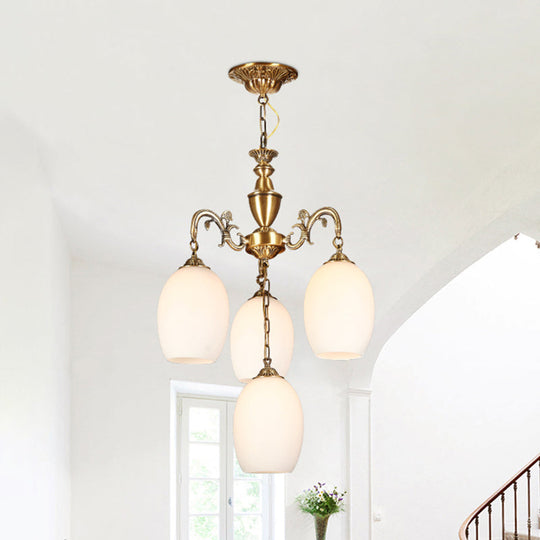 Vintage Bronze Oval Chandelier - 4/6-Bulb Down Lighting Pendant With Frosted White Glass