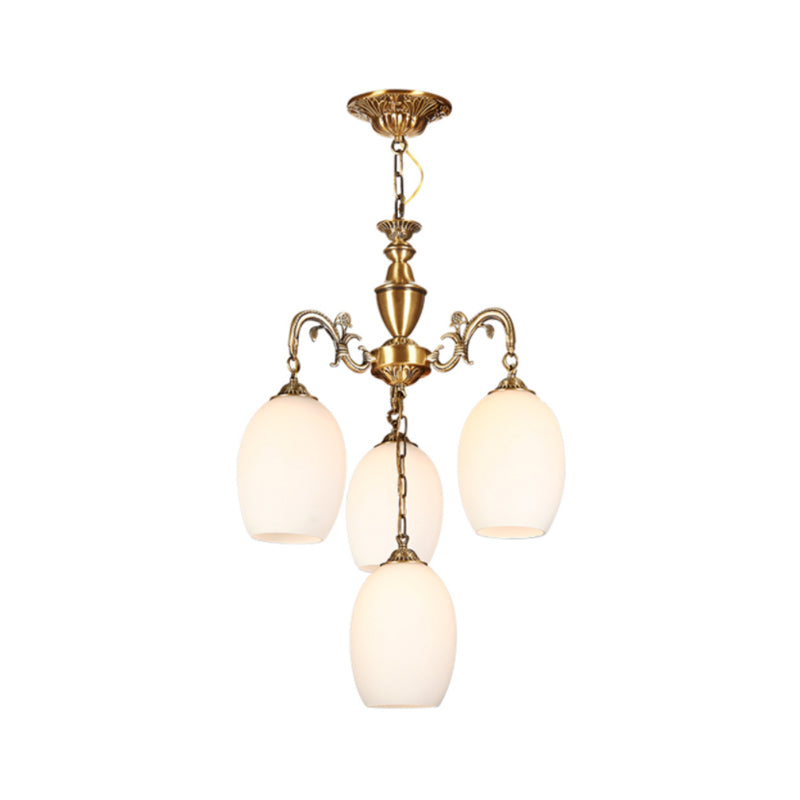 Vintage Bronze Oval Chandelier - 4/6-Bulb Down Lighting Pendant With Frosted White Glass