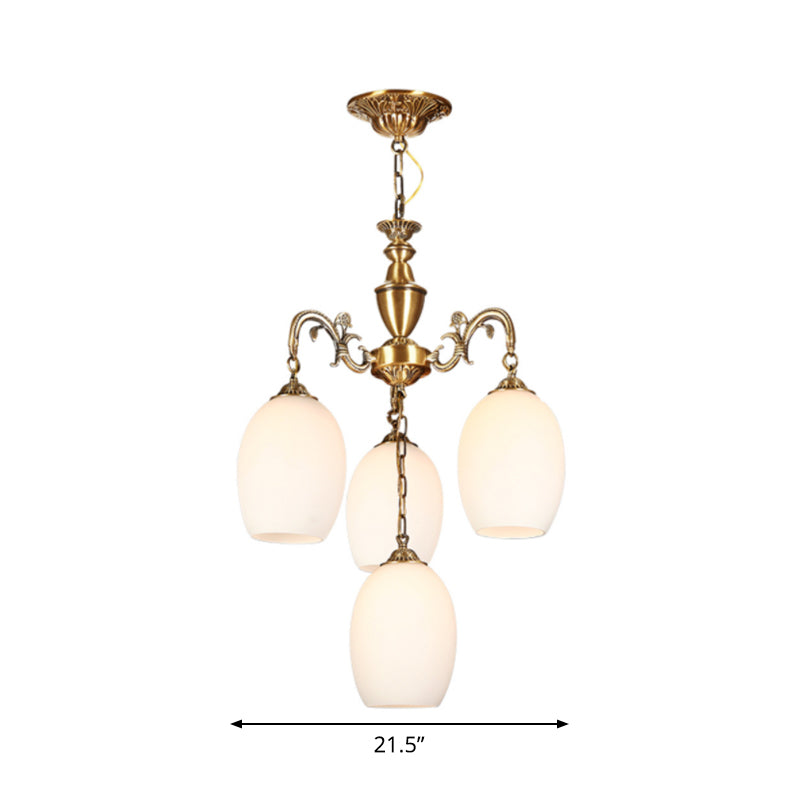 Vintage Bronze Oval Chandelier - 4/6-Bulb Down Lighting Pendant With Frosted White Glass