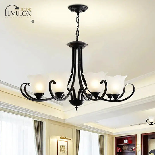 Opal Frosted Glass Black Chandelier Floral 3/8/9-Light Farmhouse Ceiling Pendant Lamp with Scrolling Arm