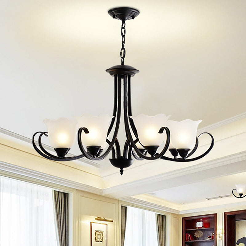 Opal Frosted Glass Black Chandelier - Farmhouse Ceiling Pendant Lamp (3/8/9-Light) With Scrolling