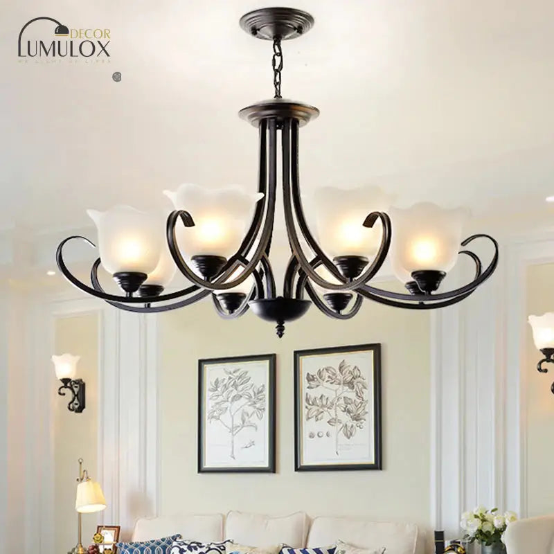 Opal Frosted Glass Black Chandelier Floral 3/8/9-Light Farmhouse Ceiling Pendant Lamp with Scrolling Arm