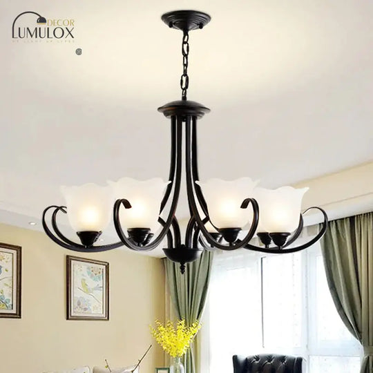 Opal Frosted Glass Black Chandelier Floral 3/8/9-Light Farmhouse Ceiling Pendant Lamp with Scrolling Arm